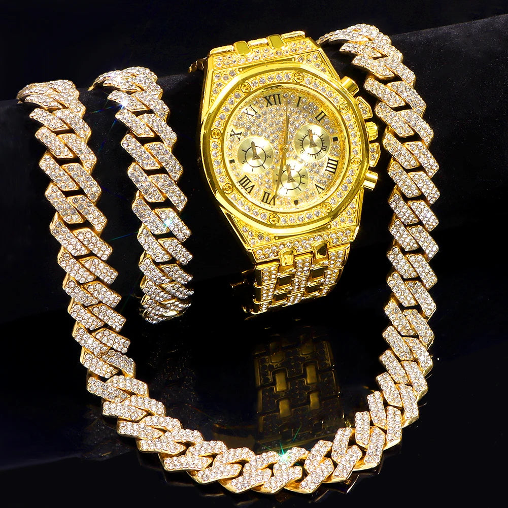 14MM Necklace+Watch+Bracelet Iced Out Watches For Men 2 Row Rhinestone Cuban Chain Set