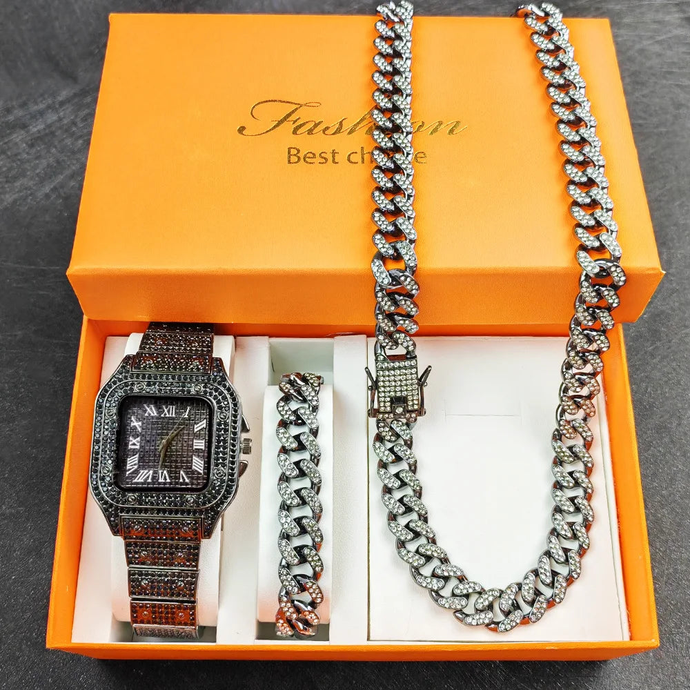 Purcolasia Golden Silver Color Hip Hop Cuban Necklace +Watch+Bracelet Iced Out Twisted Chain Jewelry Sets for Men