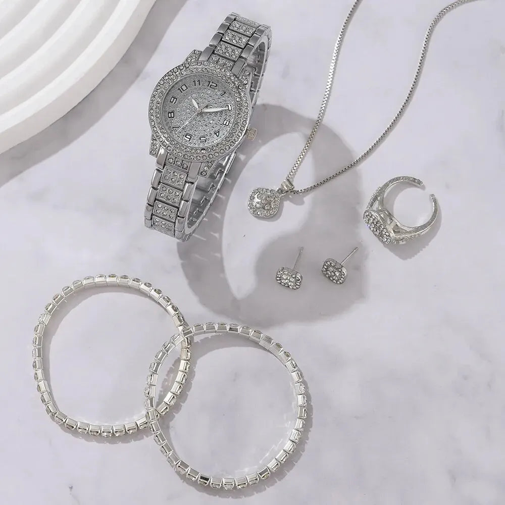 6PCS Crystal Quartz Watch Rhinestone Bracelet Montre