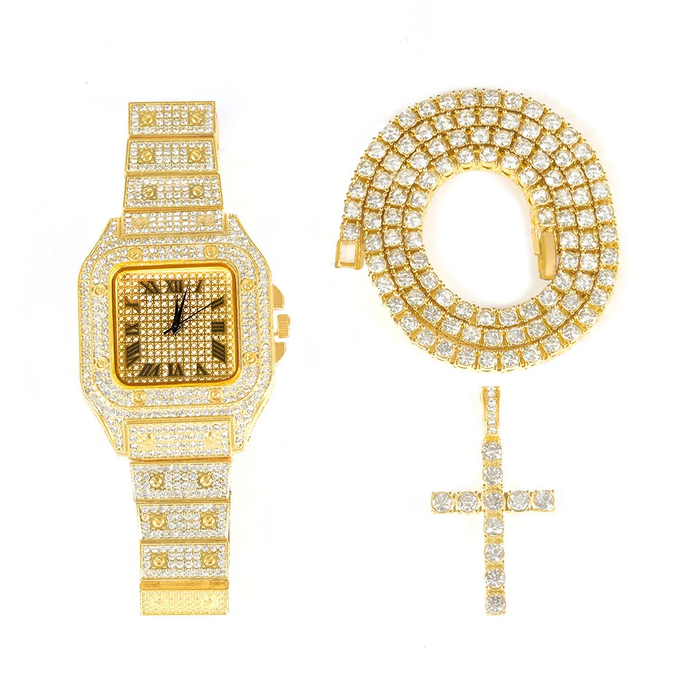 3pcs Watch Set Ice Out Inlay Diamonds Watch With Cross Tennis Chain