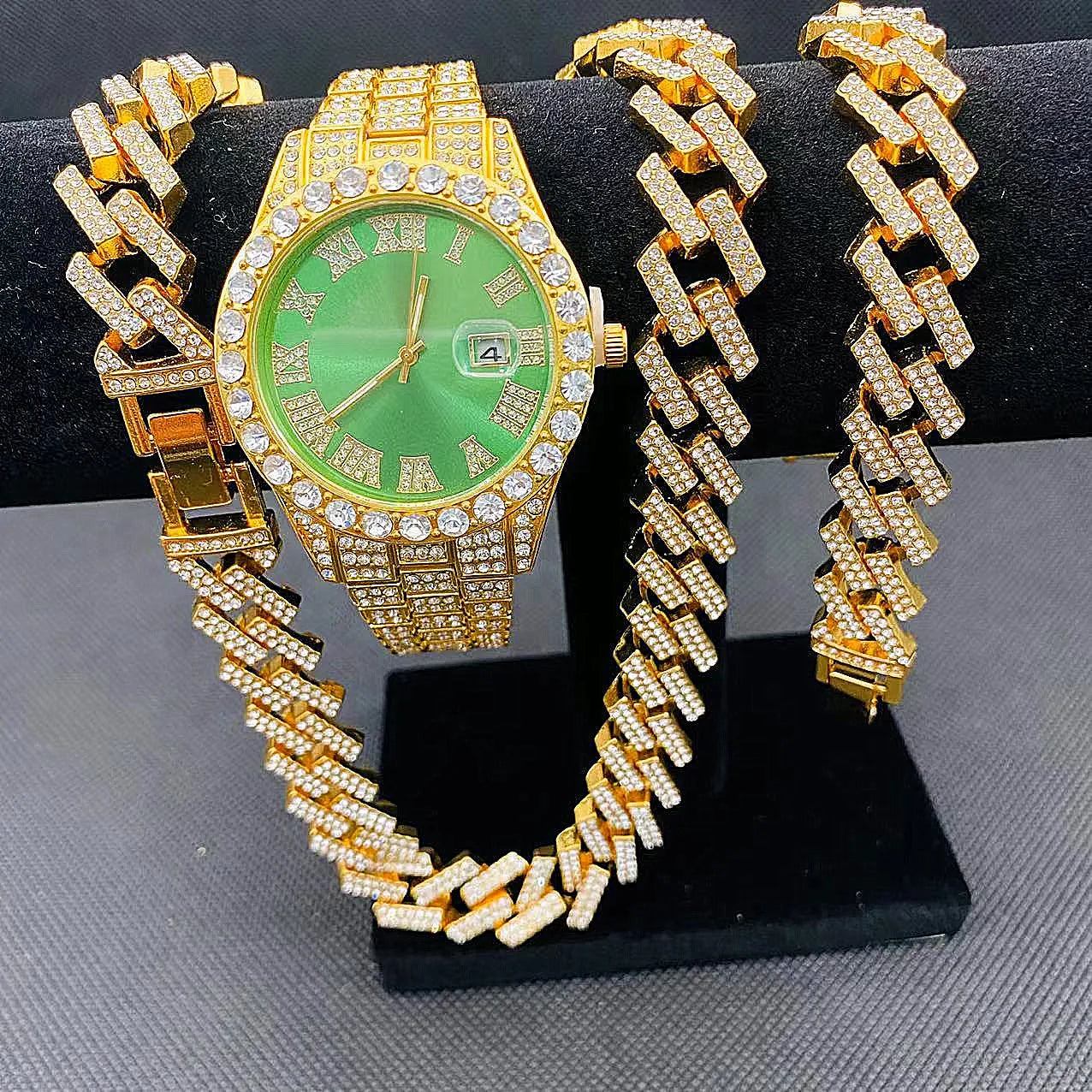 Full Iced Out Watch Mens Cuban Chain Bracelet Initial Necklaces Choker Hip Hop Jewelry for Men Gold Chains Watch Men Jewelry Set