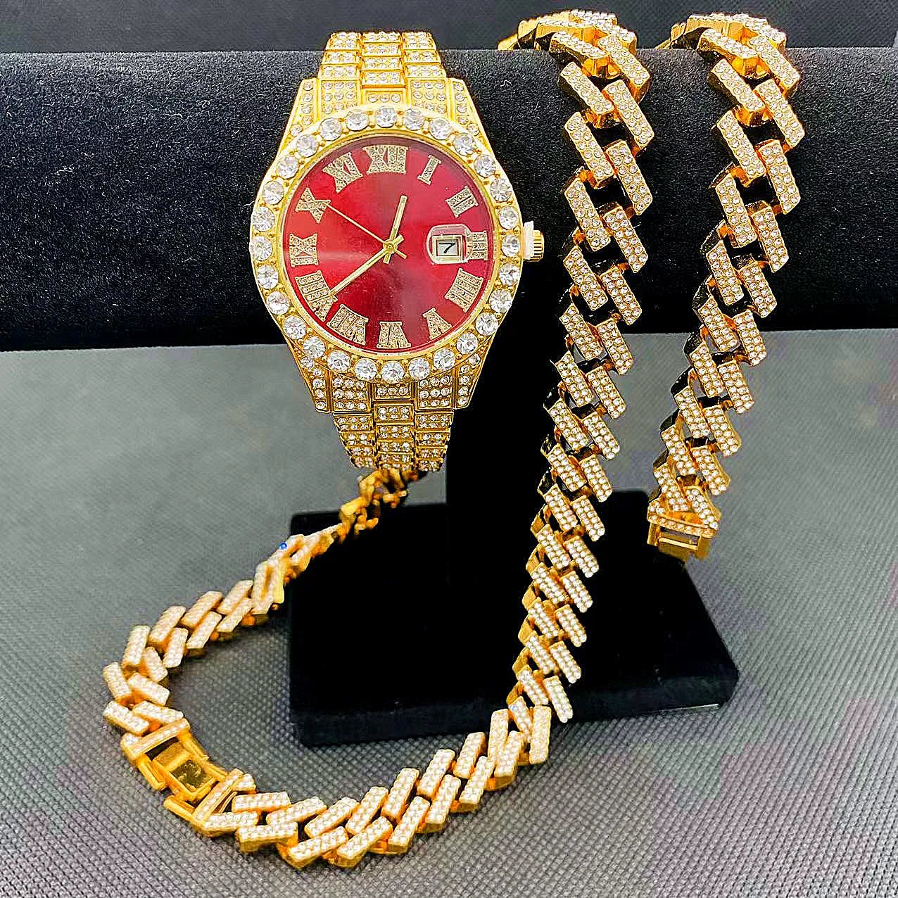 Full Iced Out Watch Mens Cuban Chain Bracelet Initial Necklaces Choker Hip Hop Jewelry for Men Gold Chains Watch Men Jewelry Set