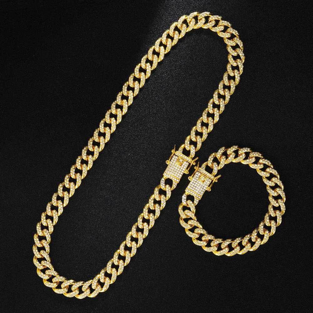 13mm Necklace +Watch+Bracelet Hip Hop Miami Cuban Chain Iced Out Paved Rhinestone CZ Bling Rapper For Men Jewelry KIT Jewelry