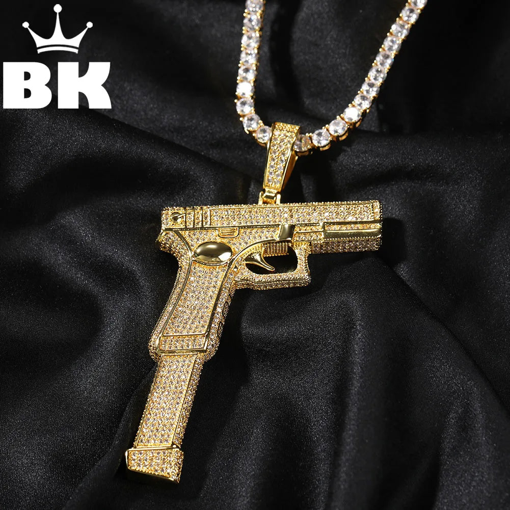 Iced Out Full Zirconia Large Size Pistol Gun Pendant chain