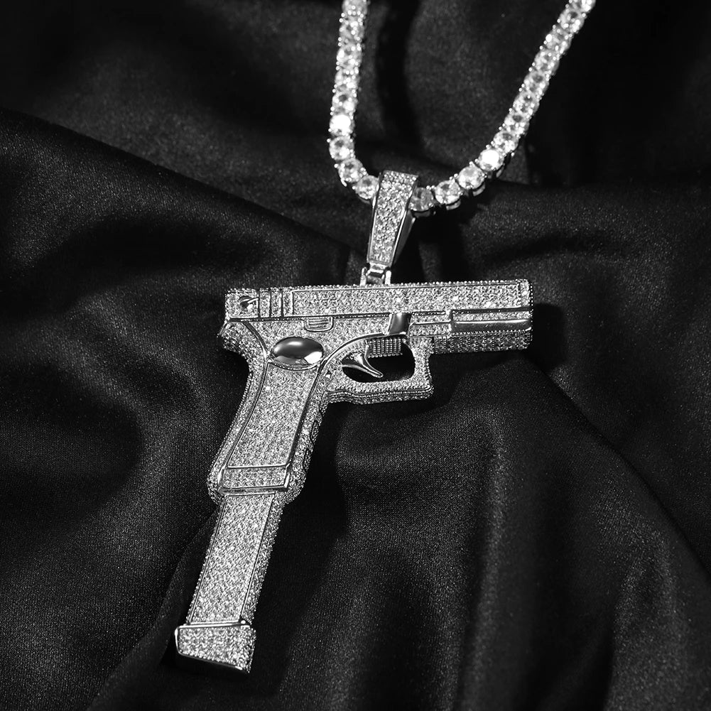 Iced Out Full Zirconia Large Size Pistol Gun Pendant chain