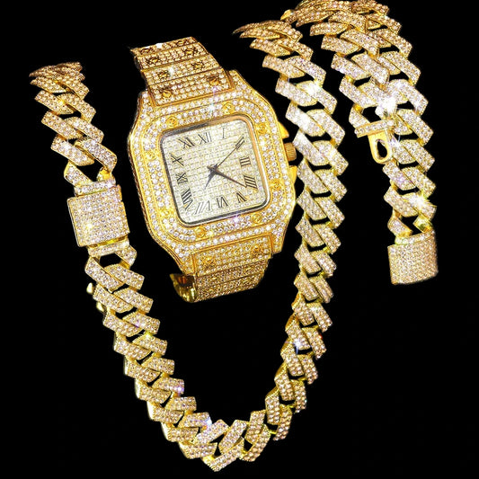 Gold Color Cuban Chain+Watch Miami Curb, Iced Out Paved Rhinestones