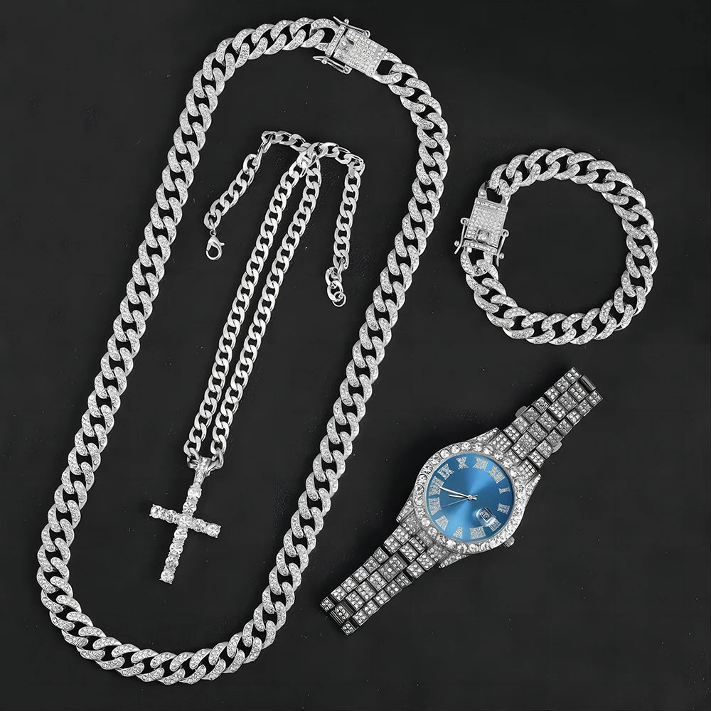 13mm Necklace +Watch+Bracelet Hip Hop Miami Cuban Chain Iced Out Paved Rhinestone CZ Bling Rapper For Men Jewelry KIT Jewelry