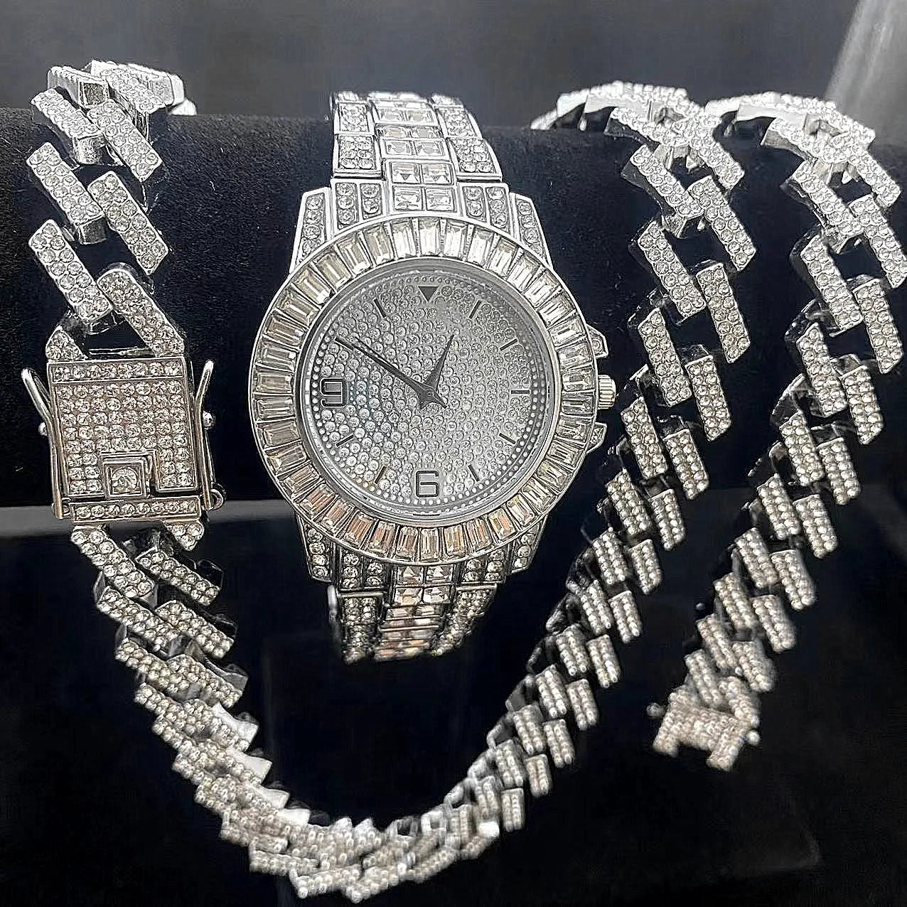 3PCS Jewelry Set Iced Out Watch +chain+ Bracelet 15mm Diamond Miama Cuban Link Big Gold Chains