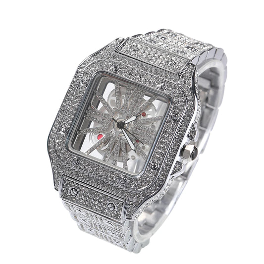 Men's Transparent Square Dial Icy Quartz Watch Iced Out Rhinestone Luxury Automatic Wrist Watches 35mm Skeleton Clock New Design