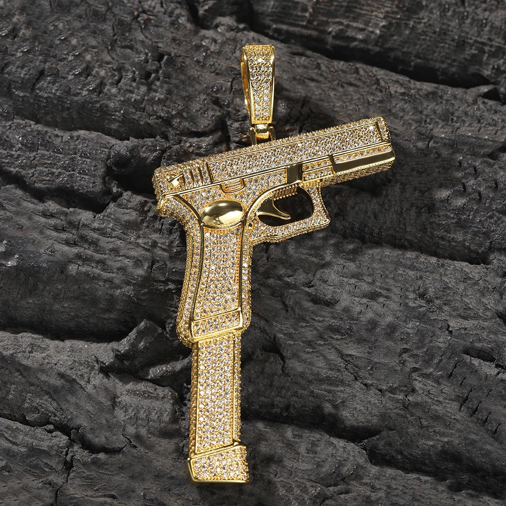 Iced Out Full Zirconia Large Size Pistol Gun Pendant chain