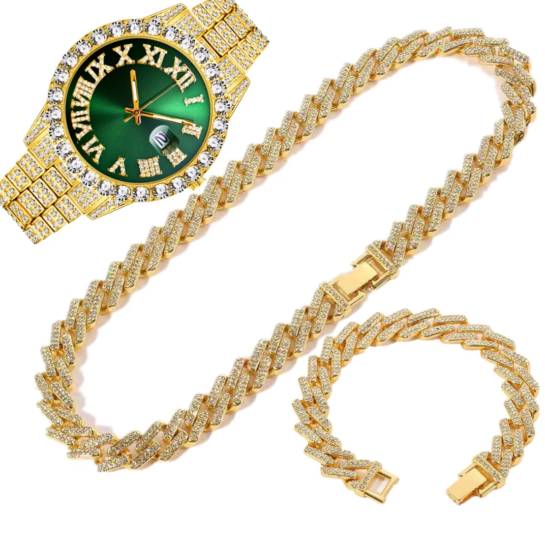 Full Iced Out Watch Mens Cuban Chain Bracelet Initial Necklaces Choker Hip Hop Jewelry for Men Gold Chains Watch Men Jewelry Set