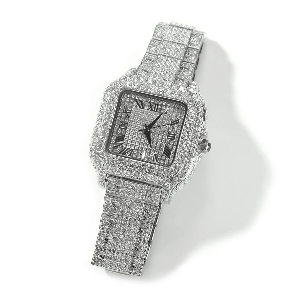 Iced Out Square Watch Full Micro Paved Round Cut Rhinestone Big Quartz Watch
