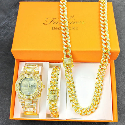 Purcolasia Golden Silver Color Hip Hop Cuban Necklace +Watch+Bracelet Iced Out Twisted Chain Jewelry Sets for Men