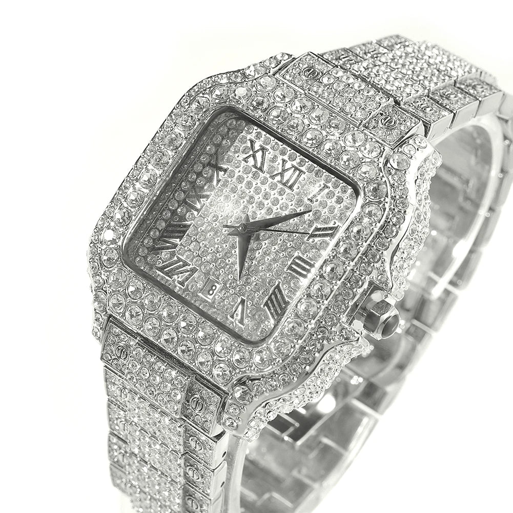 Iced Out Square Watch Full Micro Paved Round Cut Rhinestone Big Quartz Watch