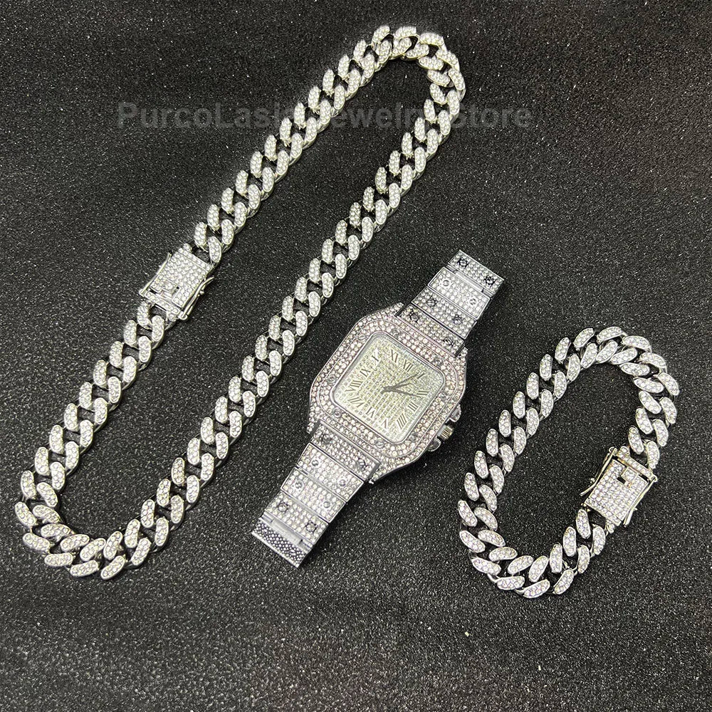 Purcolasia Golden Silver Color Hip Hop Cuban Necklace +Watch+Bracelet Iced Out Twisted Chain Jewelry Sets for Men