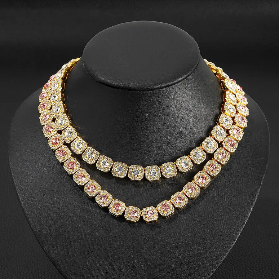 Baguette Tennis Chain Paved Pink Blue Square Cz Iced Out Link