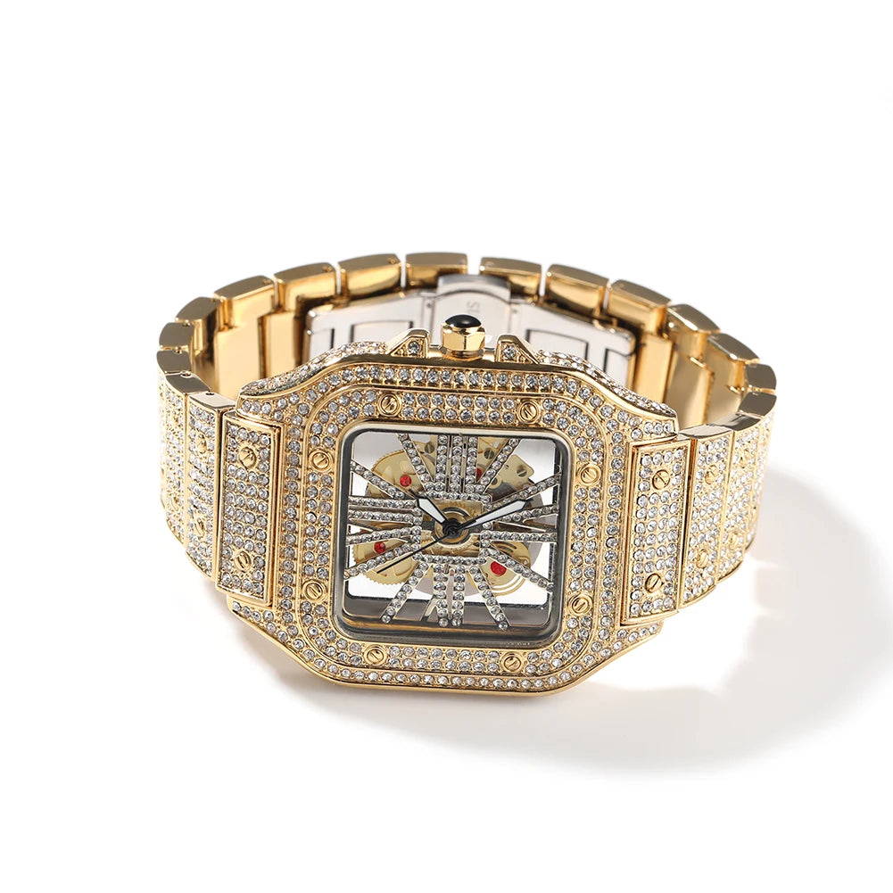 Men's Transparent Square Dial Icy Quartz Watch Iced Out Rhinestone Luxury Automatic Wrist Watches 35mm Skeleton Clock New Design