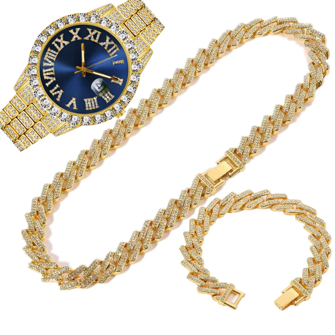 Full Iced Out Watch Mens Cuban Chain Bracelet Initial Necklaces Choker Hip Hop Jewelry for Men Gold Chains Watch Men Jewelry Set