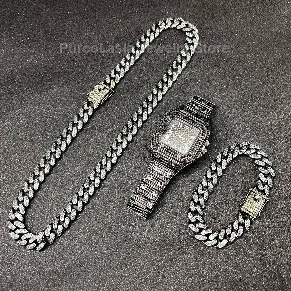 Purcolasia Golden Silver Color Hip Hop Cuban Necklace +Watch+Bracelet Iced Out Twisted Chain Jewelry Sets for Men