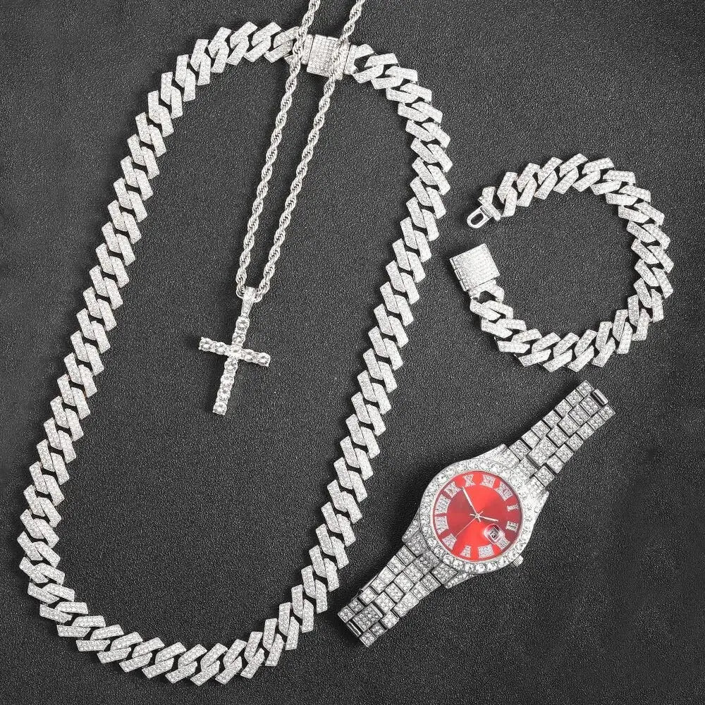 16mm Miami Cuban Link Chain Set +Watch+Bracelet Iced Out Shiny Jewelry