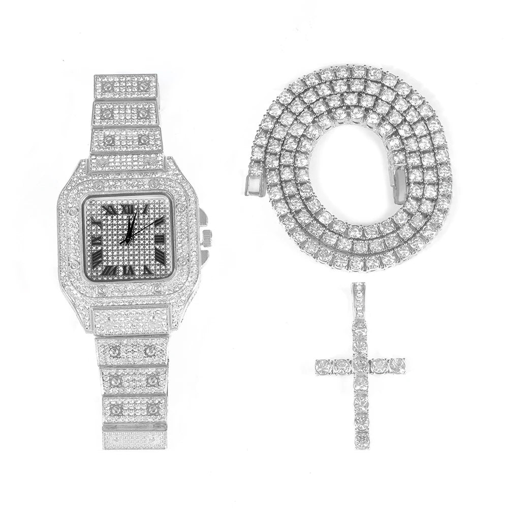 3pcs Watch Set Ice Out Inlay Diamonds Watch With Cross Tennis Chain