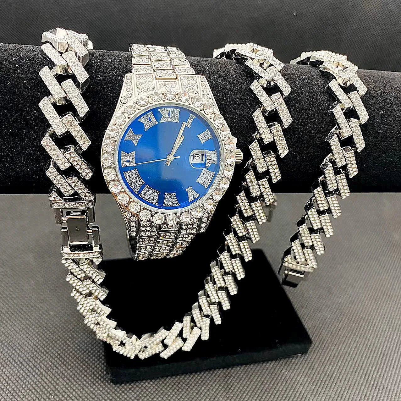 Full Iced Out Watch Mens Cuban Chain Bracelet Initial Necklaces Choker Hip Hop Jewelry for Men Gold Chains Watch Men Jewelry Set