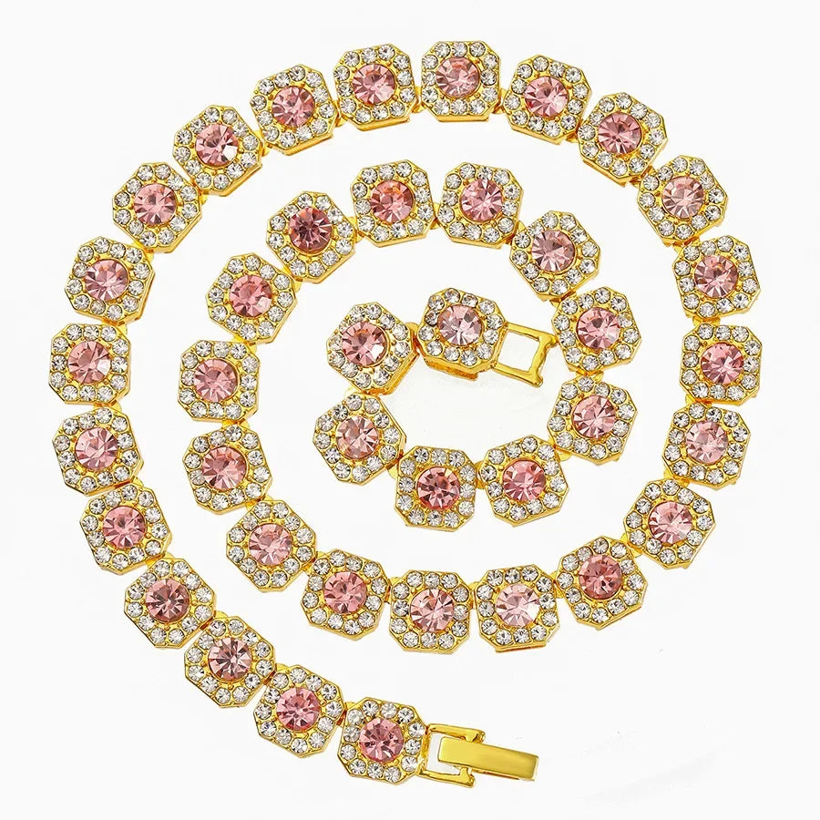 Baguette Tennis Chain Paved Pink Blue Square Cz Iced Out Link