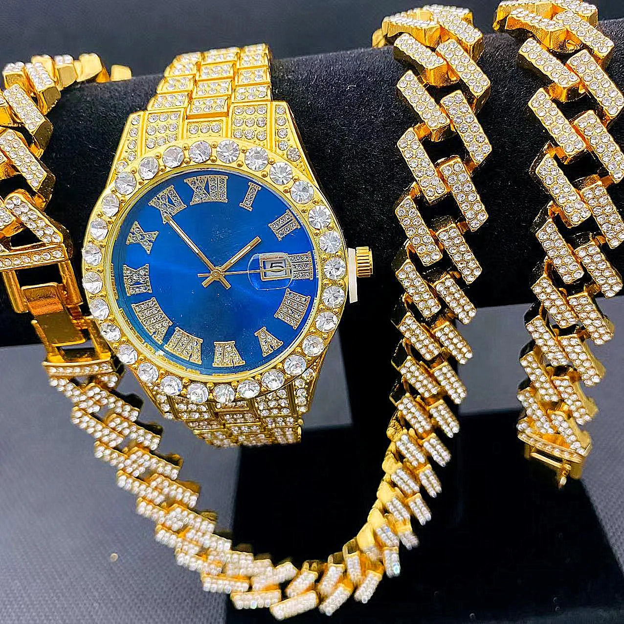 Full Iced Out Watch Mens Cuban Chain Bracelet Initial Necklaces Choker Hip Hop Jewelry for Men Gold Chains Watch Men Jewelry Set