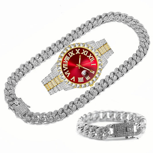 Full Iced Out Watch Mens Cuban Chain Bracelet Initial Necklaces Choker Hip Hop Jewelry for Men Gold Chains Watch Men Jewelry Set