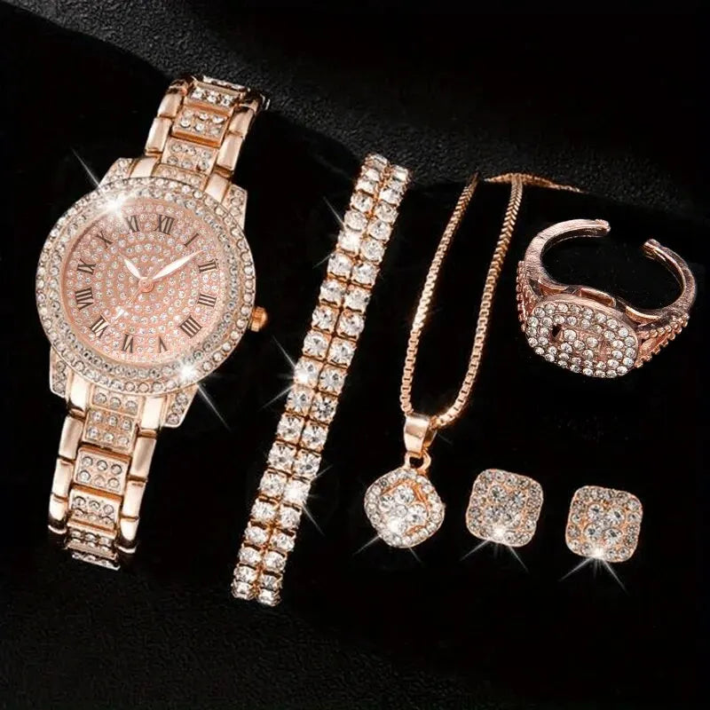 6PCS Crystal Quartz Watch Rhinestone Bracelet Montre