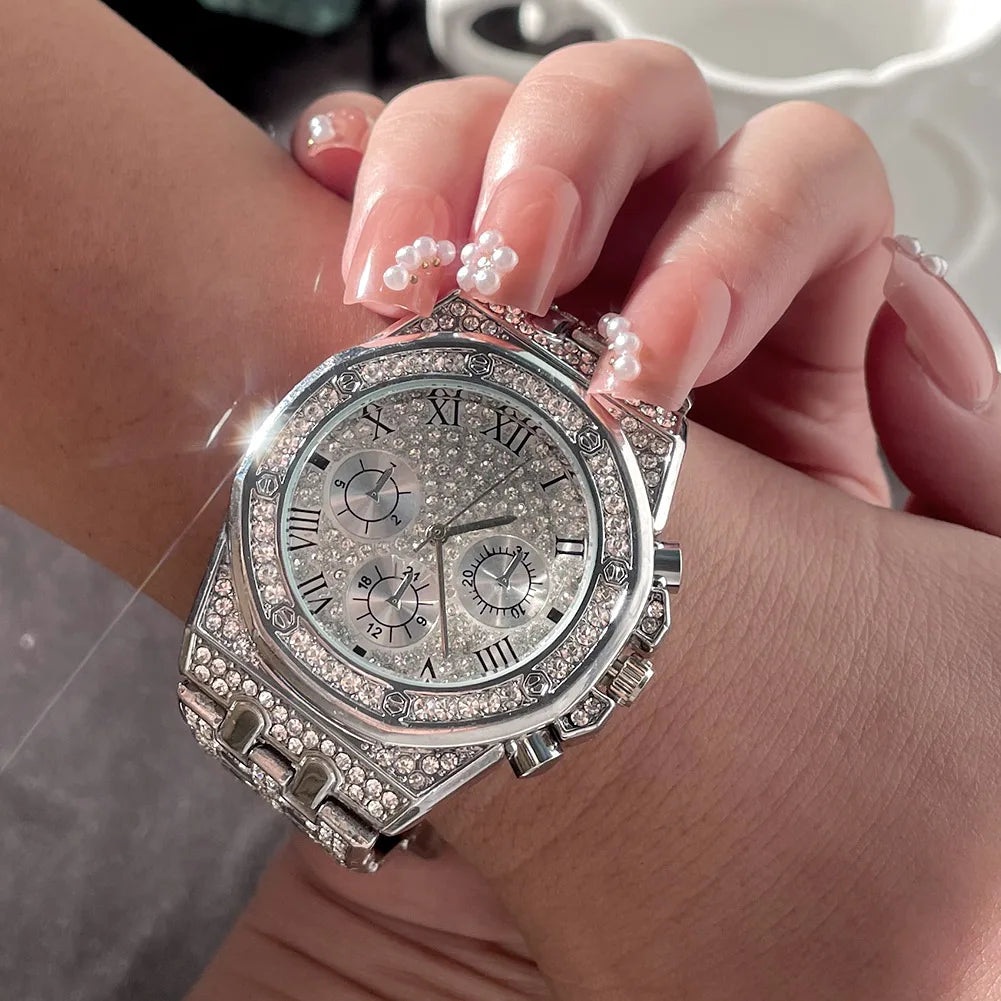 14MM Necklace+Watch+Bracelet Iced Out Watches For Men 2 Row Rhinestone Cuban Chain Set