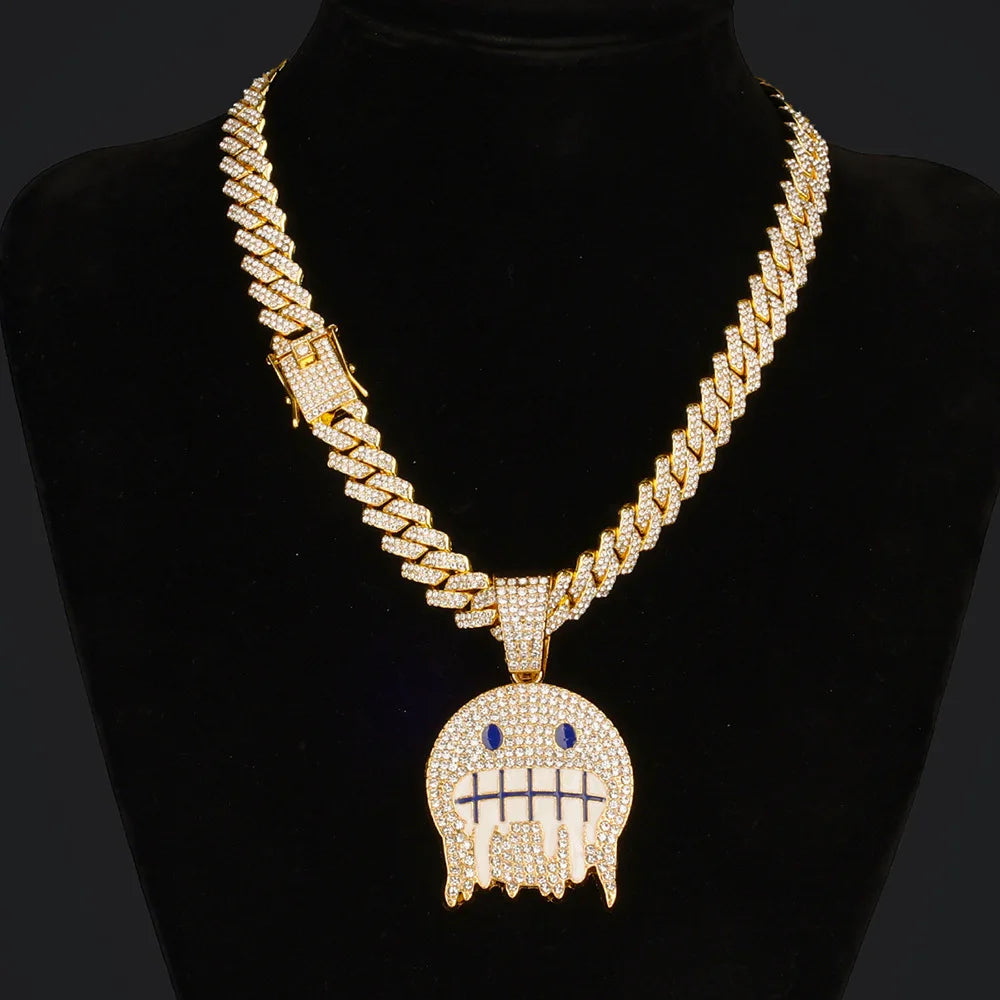 Men White Blue Cubic Zirconia Paved Round Face Pendants Cuban Chain Iced Out