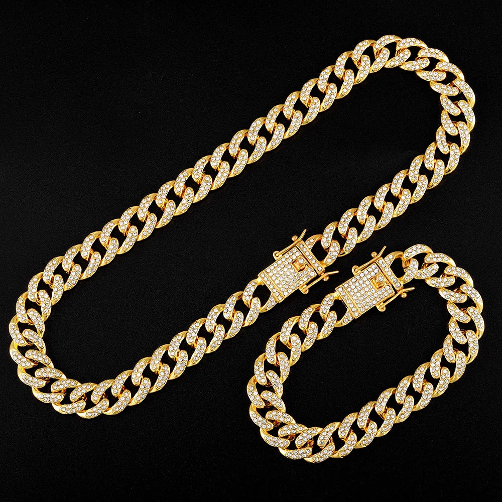 13mm Necklace +Watch+Bracelet Hip Hop Miami Cuban Chain Iced Out Paved Rhinestone CZ Bling Rapper For Men Jewelry KIT Jewelry