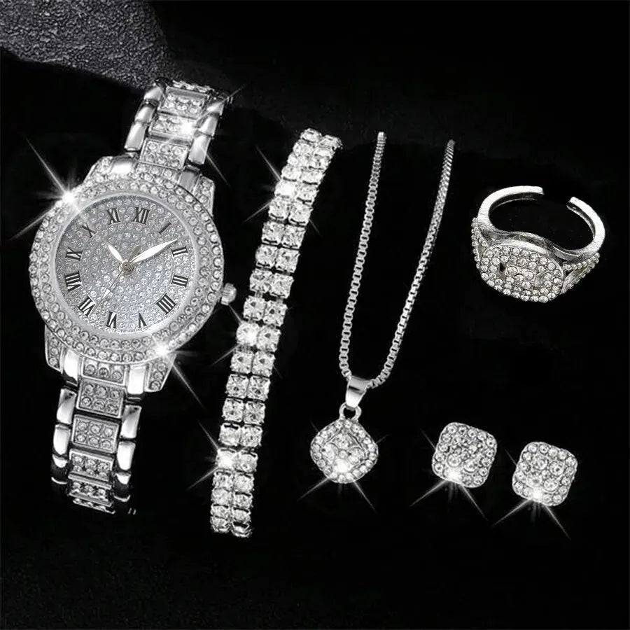 6PCS Crystal Quartz Watch Rhinestone Bracelet Montre