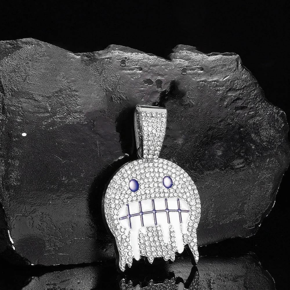 Men White Blue Cubic Zirconia Paved Round Face Pendants Cuban Chain Iced Out
