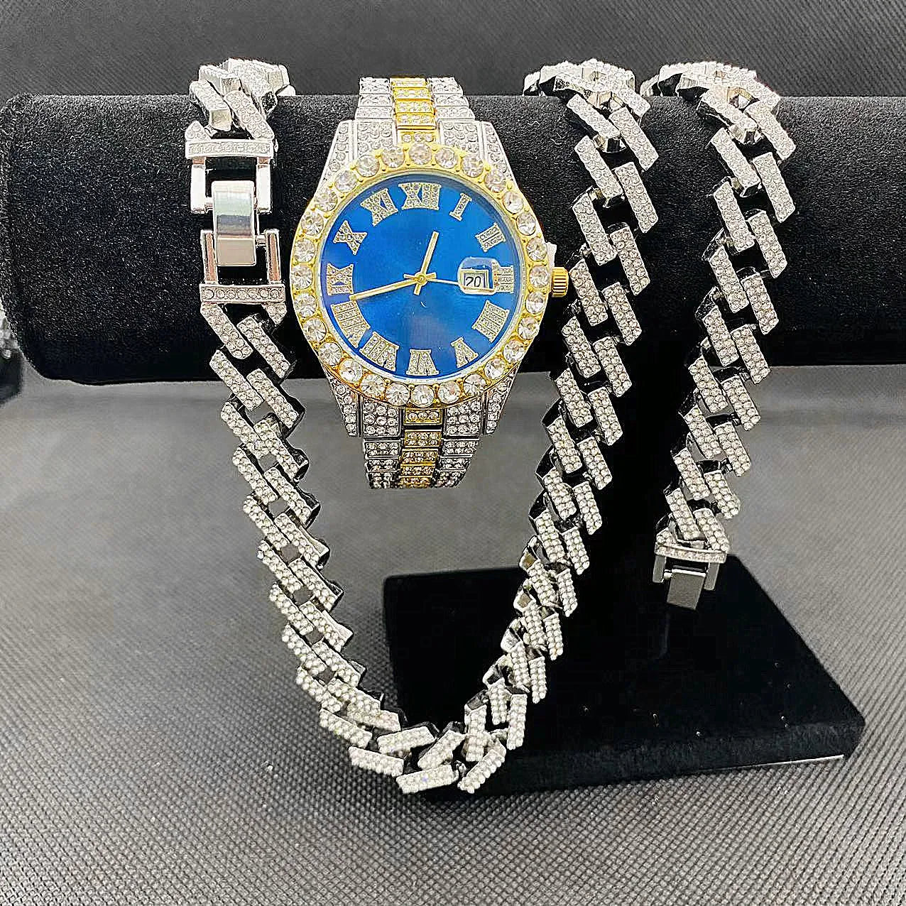 Full Iced Out Watch Mens Cuban Chain Bracelet Initial Necklaces Choker Hip Hop Jewelry for Men Gold Chains Watch Men Jewelry Set