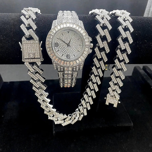 3PCS Jewelry Set Iced Out Watch +chain+ Bracelet 15mm Diamond Miama Cuban Link Big Gold Chains
