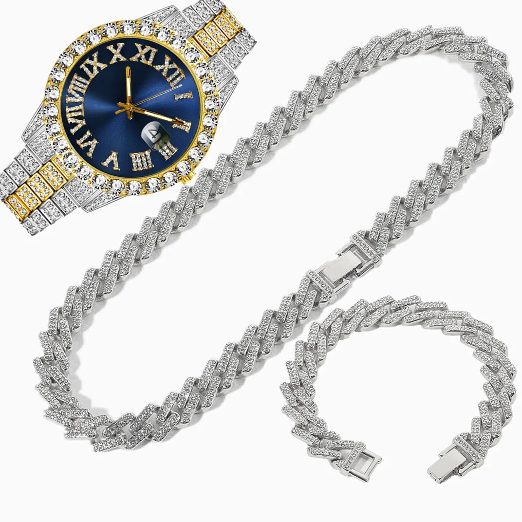 Full Iced Out Watch Mens Cuban Chain Bracelet Initial Necklaces Choker Hip Hop Jewelry for Men Gold Chains Watch Men Jewelry Set