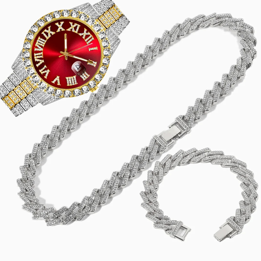 Full Iced Out Watch Mens Cuban Chain Bracelet Initial Necklaces Choker Hip Hop Jewelry for Men Gold Chains Watch Men Jewelry Set