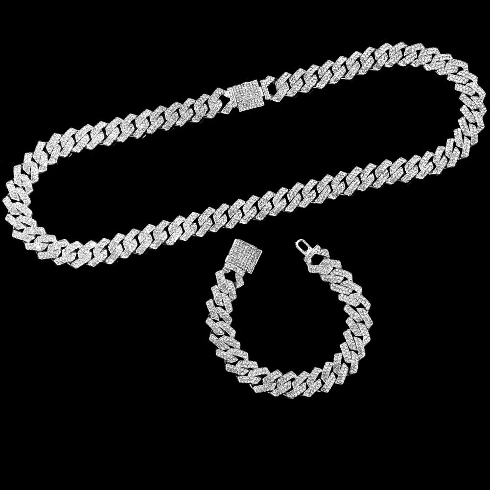 14MM Necklace+Watch+Bracelet Iced Out Watches For Men 2 Row Rhinestone Cuban Chain Set