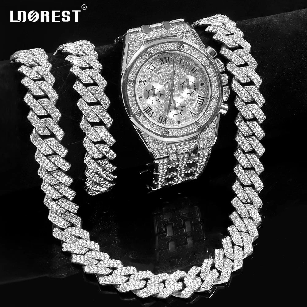 14MM Necklace+Watch+Bracelet Iced Out Watches For Men 2 Row Rhinestone Cuban Chain Set