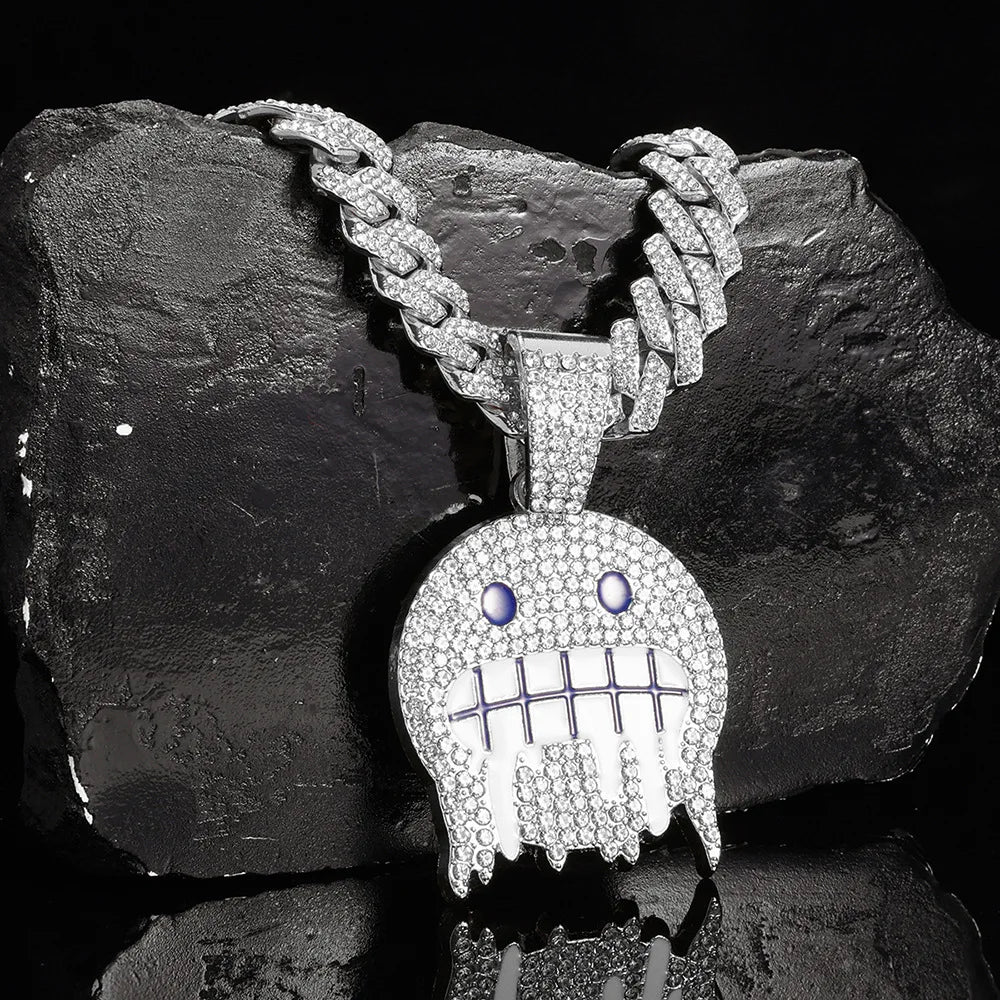 Men White Blue Cubic Zirconia Paved Round Face Pendants Cuban Chain Iced Out