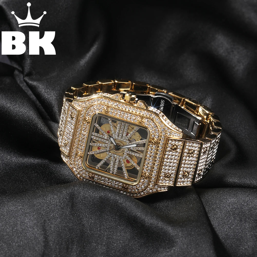 Men's Transparent Square Dial Icy Quartz Watch Iced Out Rhinestone Luxury Automatic Wrist Watches 35mm Skeleton Clock New Design