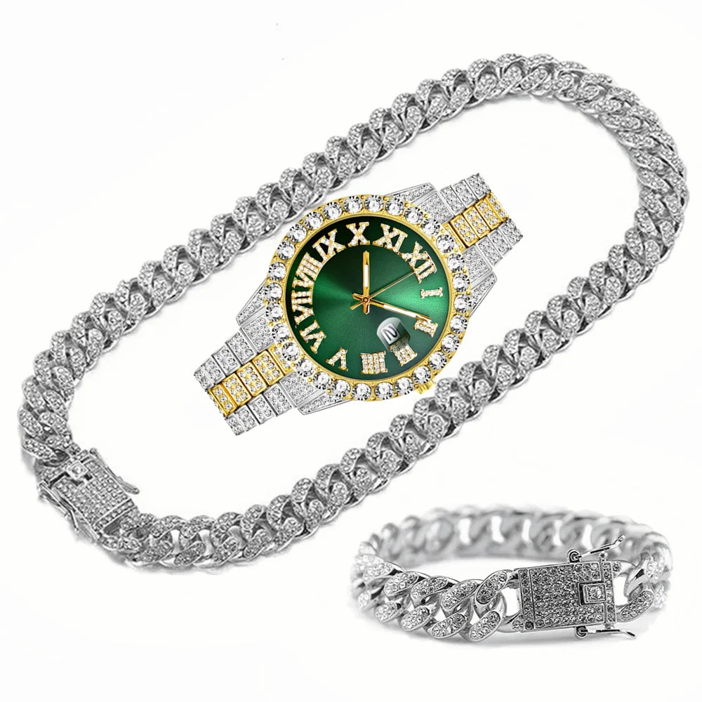 Full Iced Out Watch Mens Cuban Chain Bracelet Initial Necklaces Choker Hip Hop Jewelry for Men Gold Chains Watch Men Jewelry Set
