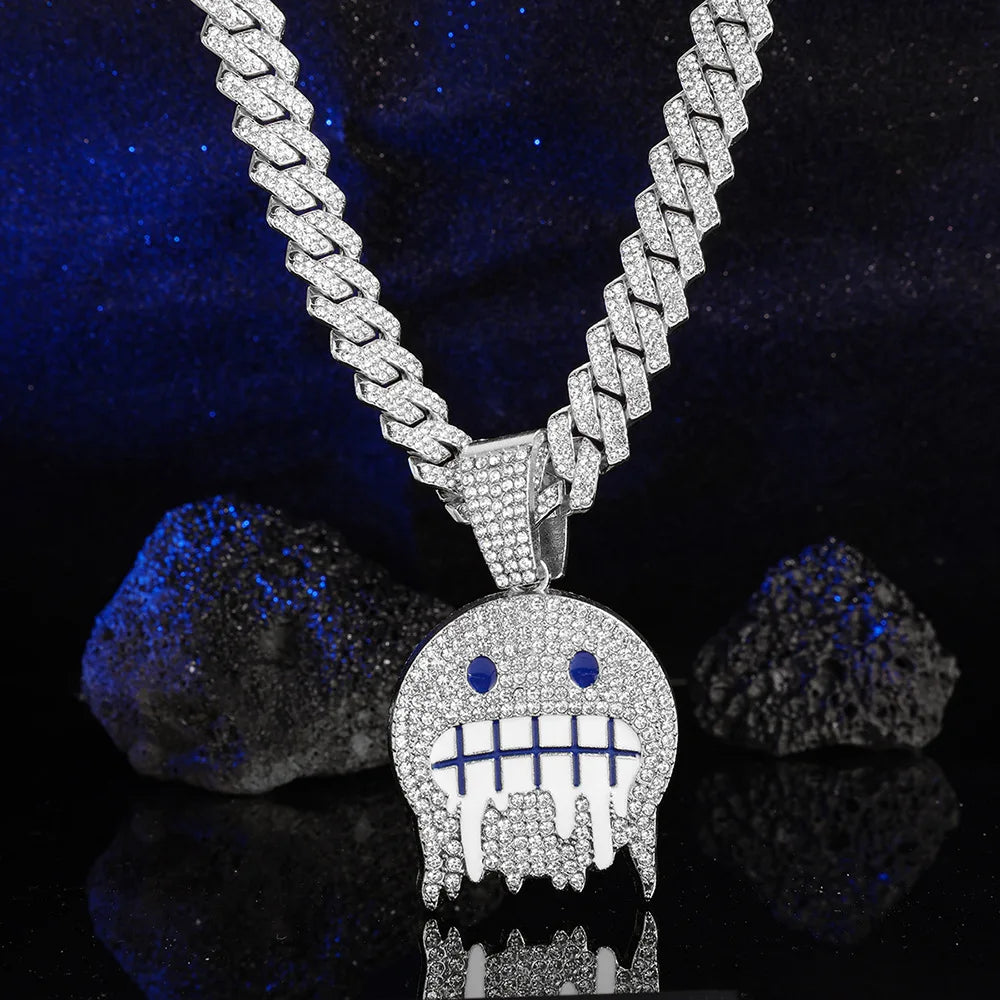 Men White Blue Cubic Zirconia Paved Round Face Pendants Cuban Chain Iced Out