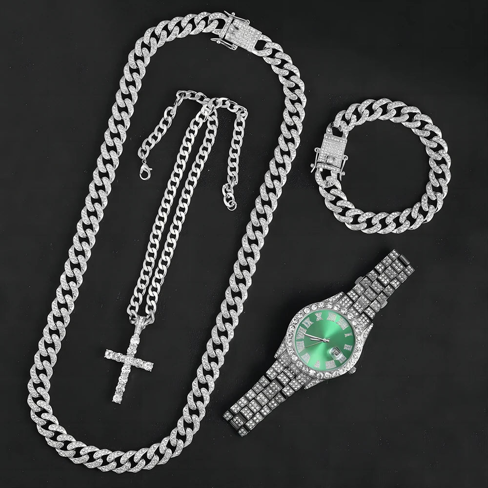 13mm Necklace +Watch+Bracelet Hip Hop Miami Cuban Chain Iced Out Paved Rhinestone CZ Bling Rapper For Men Jewelry KIT Jewelry