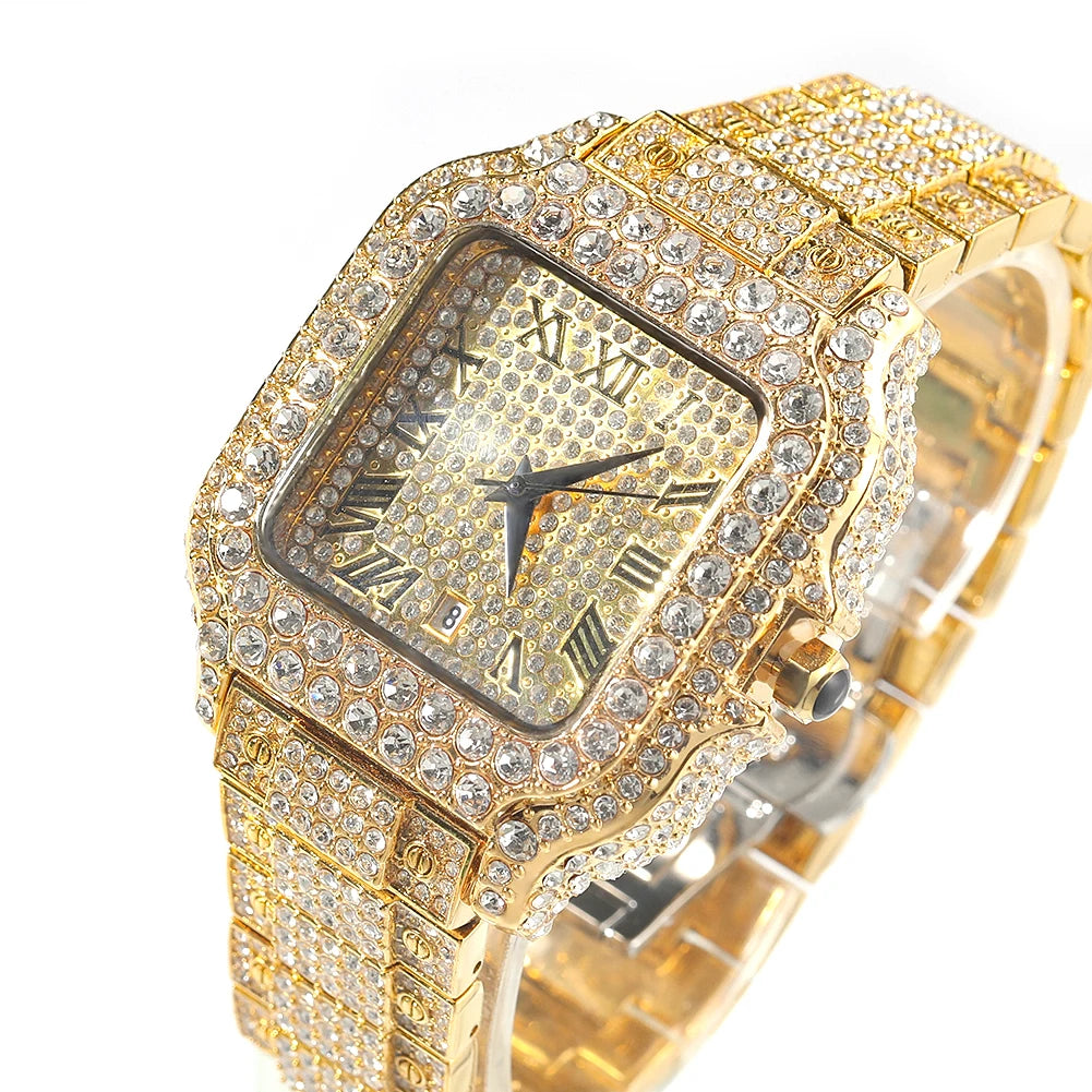 Iced Out Square Watch Full Micro Paved Round Cut Rhinestone Big Quartz Watch