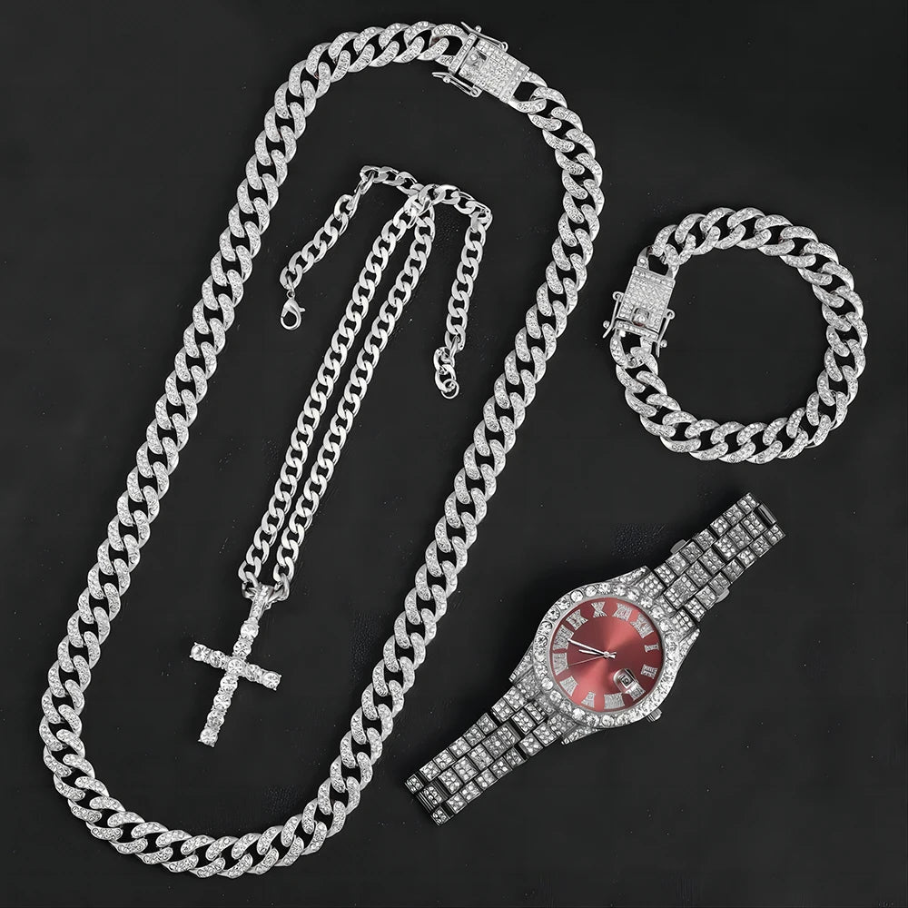 13mm Necklace +Watch+Bracelet Hip Hop Miami Cuban Chain Iced Out Paved Rhinestone CZ Bling Rapper For Men Jewelry KIT Jewelry