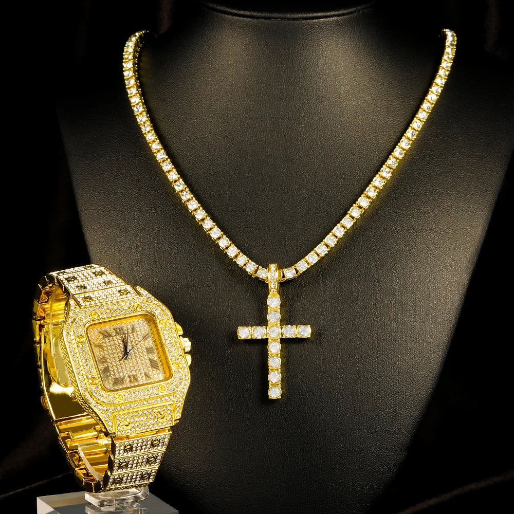3pcs Watch Set Ice Out Inlay Diamonds Watch With Cross Tennis Chain