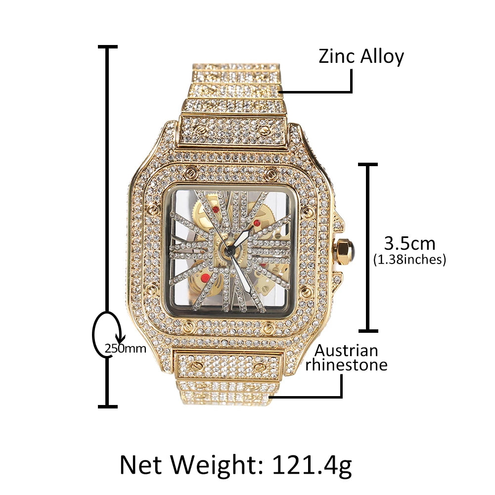 Men's Transparent Square Dial Icy Quartz Watch Iced Out Rhinestone Luxury Automatic Wrist Watches 35mm Skeleton Clock New Design